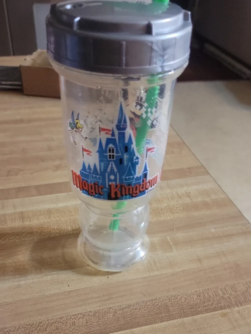 Disney Mickey Mouse Clear Cup with Green Straw and Silver Lid
